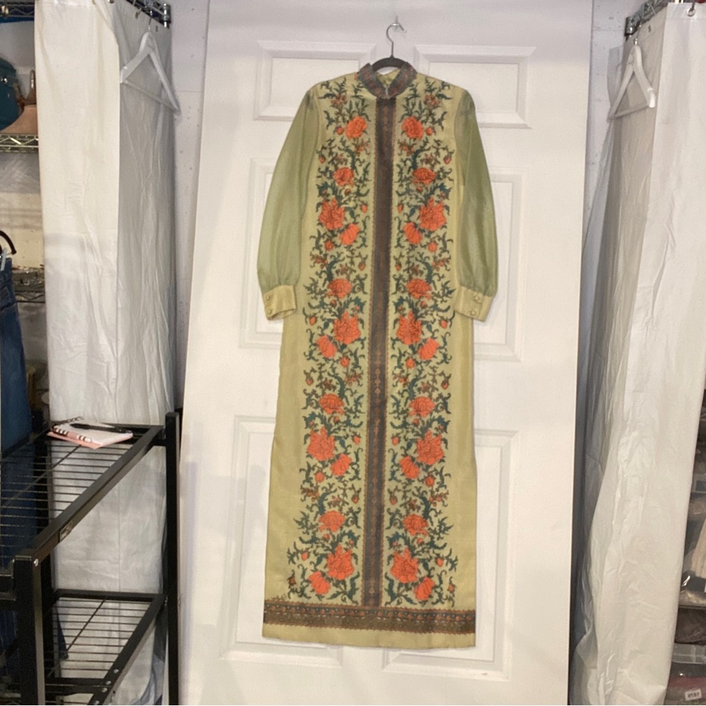 Vintage Alfred Shaheen 1960's Printed Mandarin Collar Column Dress Green Orange